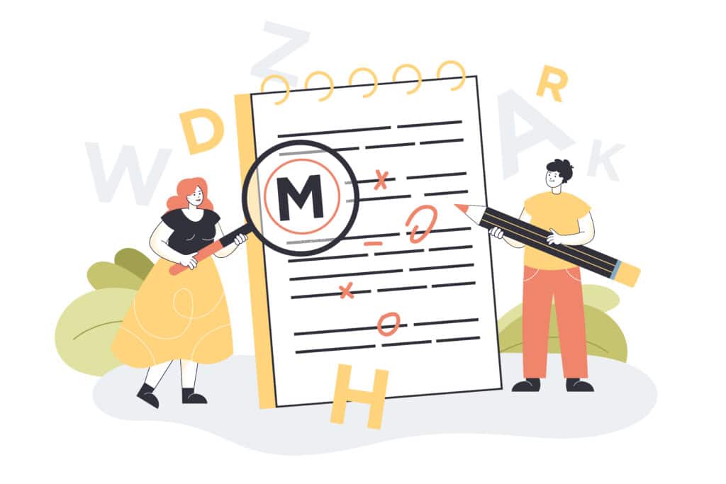 Animated image showing two characters editing a document